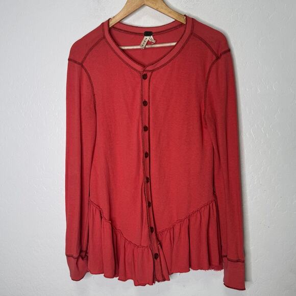 We The Free People Longsleeves button front top Ruffles Hem Raw Pink Femine - Picture 1 of 8
